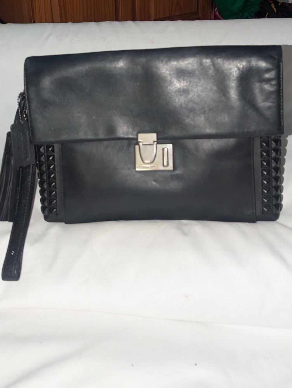 Coach Black Leather Studded Wristlet Clutch with Gunmetal-Tone Lock 26410